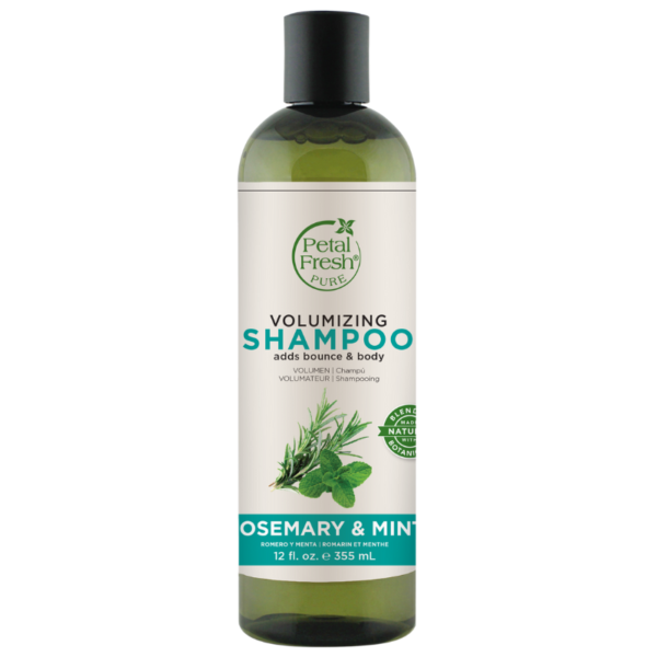 Image of Petal Fresh Volumizing Rosemary Mint Shampoo with a green label and a picture of rosemary and mint leaves. The text on the bottle reads 'Petal Fresh, Volumizing Shampoo, Rosemary & Mint, Invigorates Scalp, Strengthens Hair, 100% Vegan, No Sulfates, No Harsh Preservatives, pH Balanced